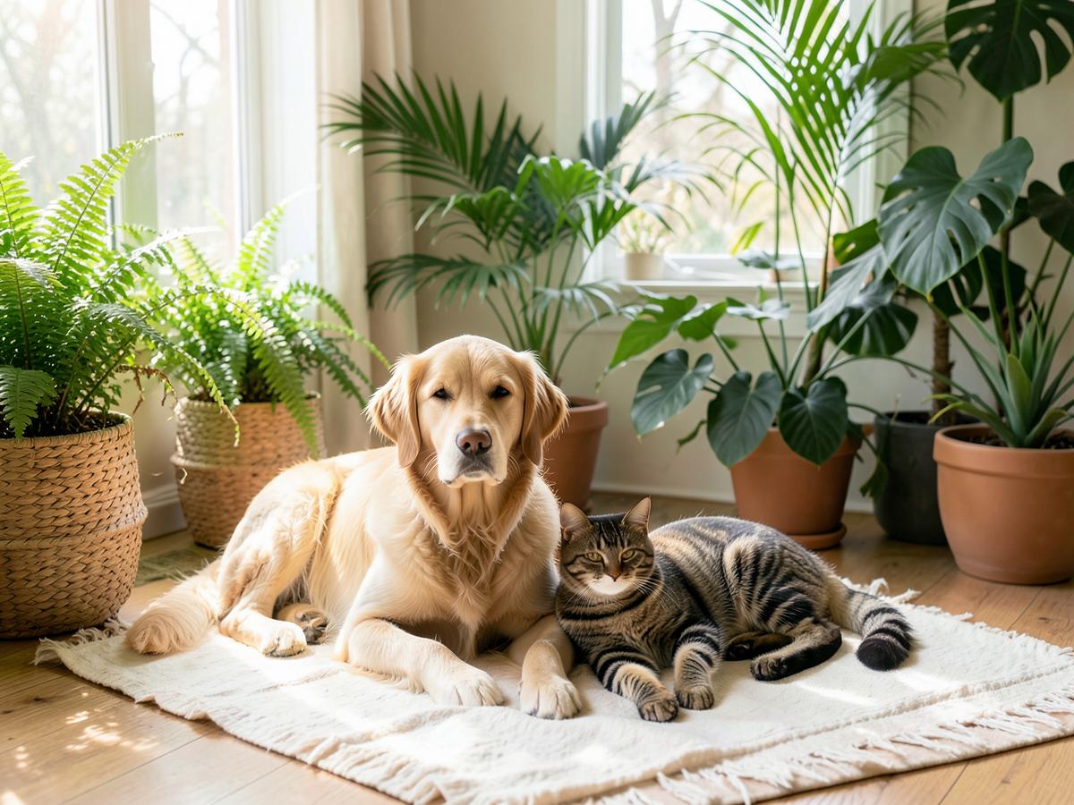 A dog and a cat resting beside pet-safe houseplants